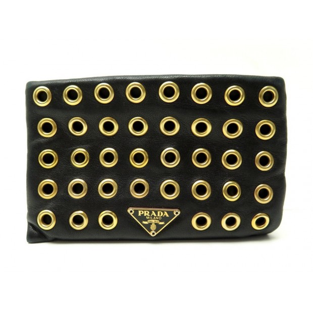 PORTE MONNAIE PRADA EN CUIR NOIR ET CLOUS DORE EYELET LEATHER POUCH WALLET 480€