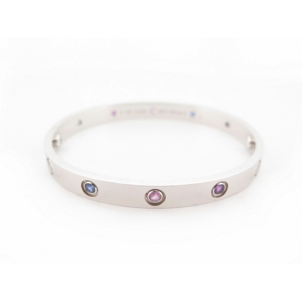 BRACELET CARTIER LOVE EN OR GRIS 18K AIGUES-MARINES SAPHIRS ROSES ET BLEUS 9800€