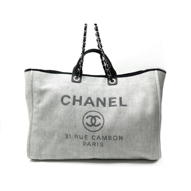 SAC A MAIN CHANEL DEAUVILLE SHOPPING XL 50 CM CABAS EN TOILE GRISE HANDBAG 4000€