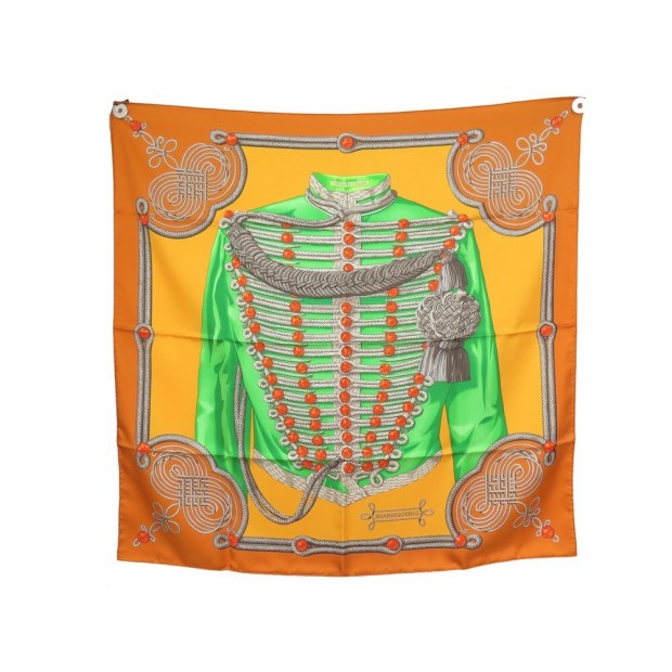 NEUF FOULARD HERMES BRANDEBOURGS LATHAM CARRE 90 SOIE ORANGE NEW SILK SCARF 460€