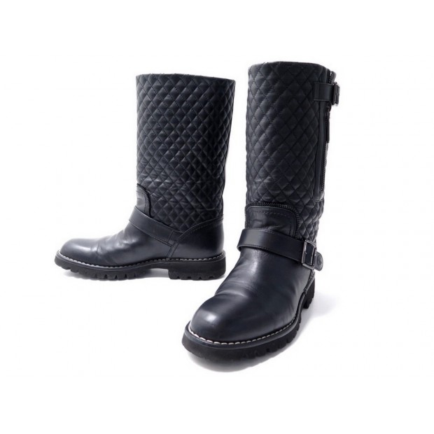 CHAUSSURES CHANEL BOTTES MOTARDES G28566 EN CUIR BLACK LEATHER BOOTS SHOES 1650€