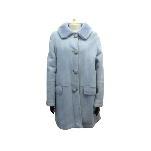 MANTEAU CHRISTIAN DIOR LONG EN CUIR DE MOUTON BLEU GRIS T 40 M LAMB LEATHER COAT