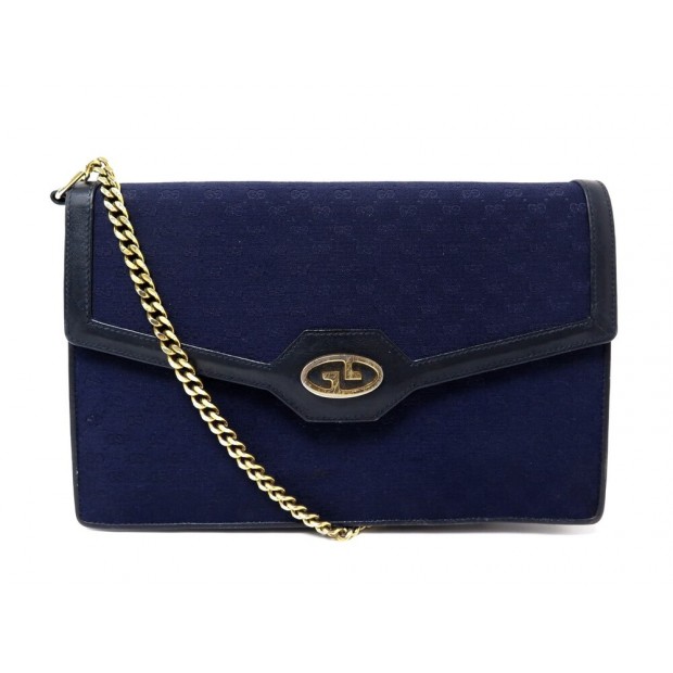 VINTAGE SAC A MAIN GUCCI POCHETTE MONOGRAMMEE EN TOILE & CUIR BLEU CANVAS PUTCH