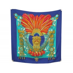 NEUF FOULARD HERMES MEXIQUE PAR CATY LATHAM EN SOIE BLEUE NEW SILK SCARF 410€