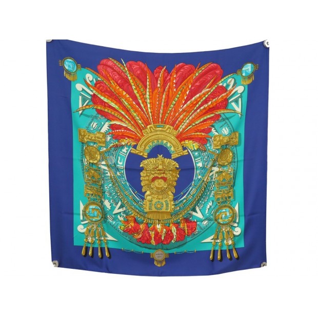 NEUF FOULARD HERMES MEXIQUE PAR CATY LATHAM EN SOIE BLEUE NEW SILK SCARF 410€