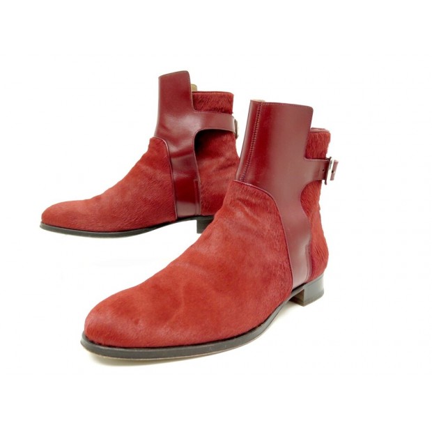 CHAUSSURES HERMES BOTTINES 39 EN CUIR ET POULAIN ROUGE BOOTS FOAL SHOES 1400€