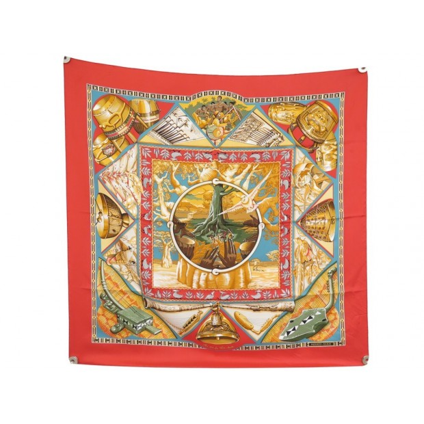 NEUF FOULARD HERMES AU SON DU TAM TAM CARRE 90 EN SOIE ROUGE NEW SILK SCARF RARE