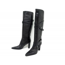 CHAUSSURES HERMES BOTTES SANGLES A TALON 38 CUIR NOIR BLACK LEATHER BOOTS 1460€