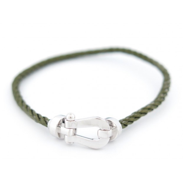 BRACELET FRED FORCE 10 MM MANILLE EN OR BLANC 18K + CABLE ACIER KAKI T16 2440€