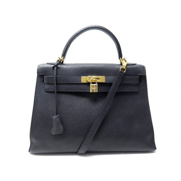 SAC A MAIN HERMES KELLY 32 CUIR TOGO NOIR & DORE 2008 BANDOULIERE + BOITE PURSE