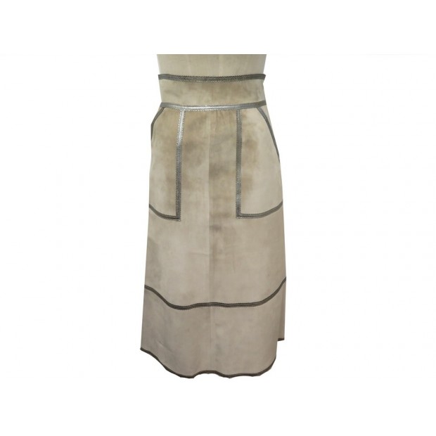 JUPE LOUIS VUITTON M 38 VEAU VELOURS TAUPE ET CUIR ARGENTE LEATHER SKIRT 3600€