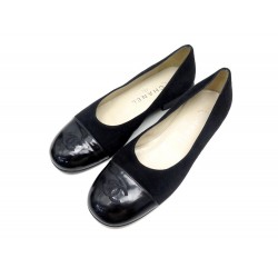 NEUF CHAUSSURES CHANEL BALLERINES LOGO CC 6B 37 CUIR ET DAIM NOIR SHOES 790€