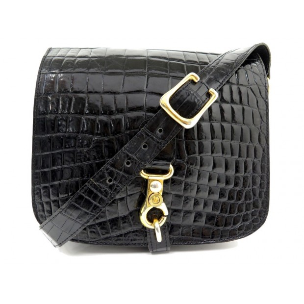 VINTAGE SAC A MAIN SEPCOEUR EN CUIR DE CROCODILE NOIR A BANDOULIERE LEATHER BAG