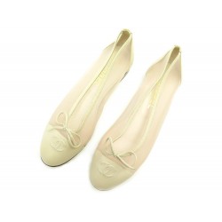CHAUSSURES CHANEL BALLERINES LOGO CC RESILLE 36 EN CUIR BEIGE LEATHER SHOES 790€