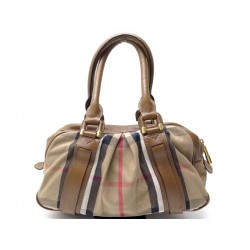 SAC A MAIN BURBERRY PORTE EPAULE TARTAN MOTIF CHECK ET CUIR MARRON LEATHER BAG