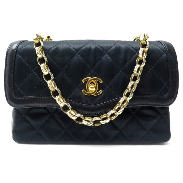 VINTAGE SAC A MAIN CHANEL WAVE EN SATIN & CUIR NOIR ANSE BANDOULIERE DOREE BAG