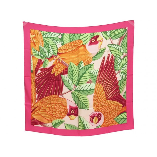 FOULARD HERMES LES PERROQUETS DETAIL J. METZ CARRE 90 EN SOIE FUSHIA SCARF 460€