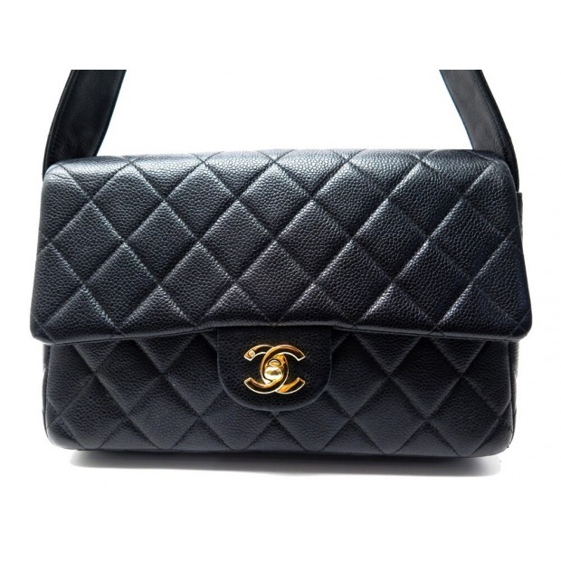 VINTAGE SAC A MAIN CHANEL RABAT FERMOIR LOGO CC EN CUIR CAVIAR NOIR PURSE 5900€