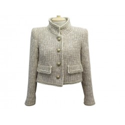 VESTE DE TAILLEUR CHANEL P50997 COURTE EN TWEED COTON BEIGE S 36 JACKET 5400€