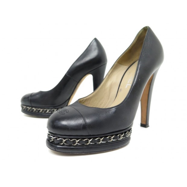 CHAUSSURES CHANEL ESCARPINS CHAINE G29000 36 CUIR NOIR BLACK LEATHER SHOES 890€