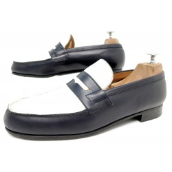 CHAUSSURES JM WESTON MOCASSINS 8D 42 CUIR BICOLORE BLANC BLEU LEATHER SHOES 720€