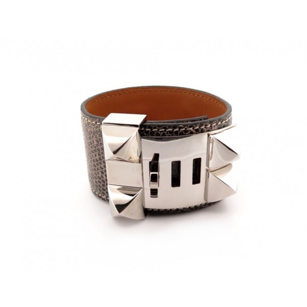 BRACELET HERMES MEDOR COLLIER DE CHIEN T3 EN CUIR LEZARD NILOTICUS ARGENTE 1690€