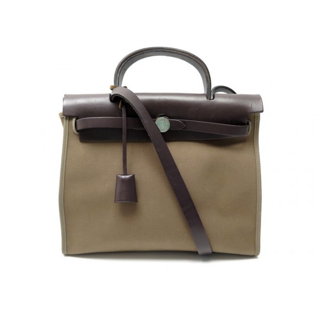 SAC A MAIN HERMES HERBAG 30 EN TOILE MARRON & CUIR NATUREL BANDOULIERE BAG 2550€