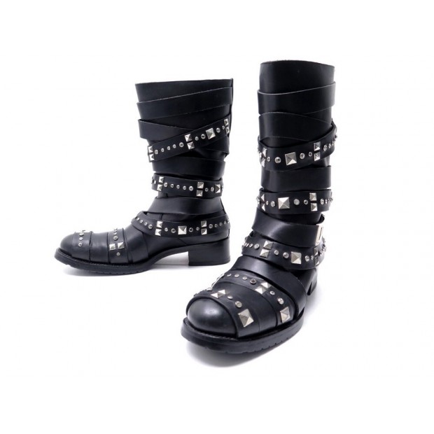 CHAUSSURES DIOR BOTTES DE MOTARD CLOUTEES 38 CUIR NOIR BIKER STUDDED BOOTS 1200€