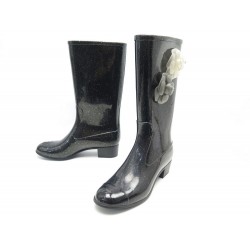 NEUF CHAUSSURES CHANEL BOTTES DE PLUIE CAMELIA 38 CAOUTCHOUC NOIR NEW BOOTS 850€