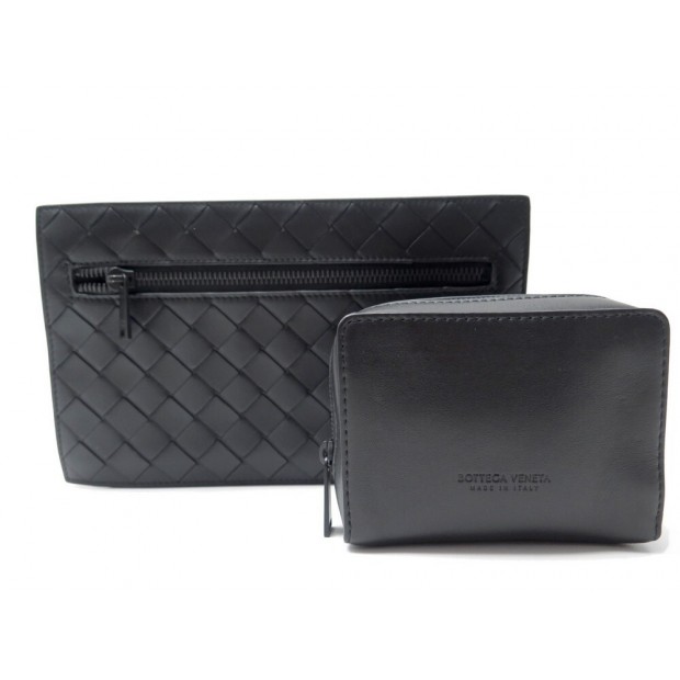 NEUF LOT POCHETTE ET TROUSSE BOTTEGA VENETA EN CUIR TRESSE NOIR NEW POUCH & CASE