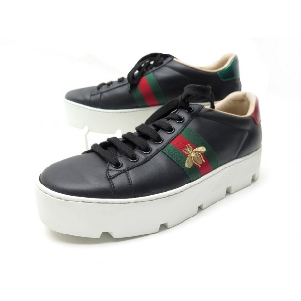 CHAUSSURES GUCCI BASKETS ACE PLATEFORME BRODEE 39 EN CUIR NOIR BLACK SHOES 720€