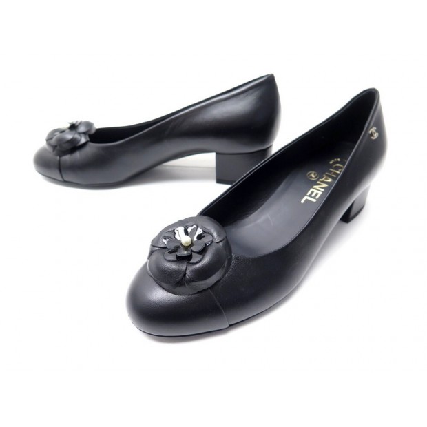 NEUF CHAUSSURES CHANEL ESCARPINS G32913 CAMELIA 38 EN CUIR NOIR PUMP SHOES 790€