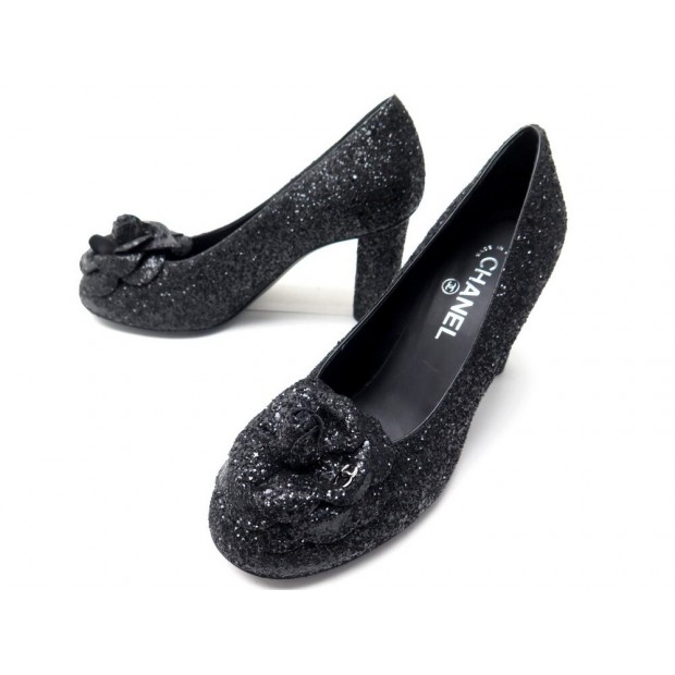 NEUF CHAUSSURES CHANEL ESCARPINS 39.5 CAMELIA PAILLETTE NOIRES BLACK SHOES 950€