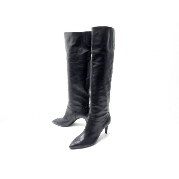 NEUF BOTTES CHANEL LOGO CC G26892 A TALONS 38 CUIR NOIR HIGH LEATHER BOOTS 2500€