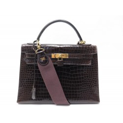 VINTAGE SAC A MAIN HERMES KELLY SELLIER 32 EN CUIR CROCODILE POROSUS BANDOULIERE