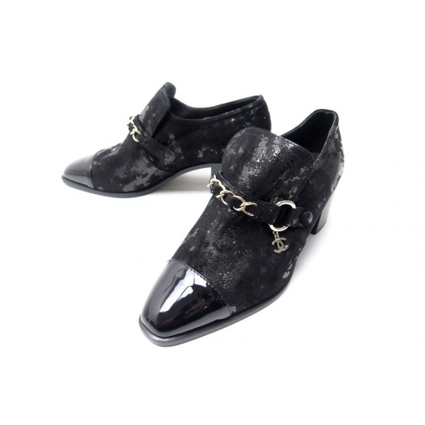 NEUF CHAUSSURES CHANEL G34219 MOCASSINS A TALON 37.5 EN DAIM NOIR SHOES 1400€