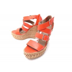 CHAUSSURES SANDALES HERMES ESPADRILLES COMPENSEES 40 EN CUIR ORANGE SHOES 600€