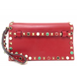 NEUF SAC A MAIN VALENTINO POCHETTE ROCKSTUD CUIR ROUGE RED POUCH HAND BAG 1300€