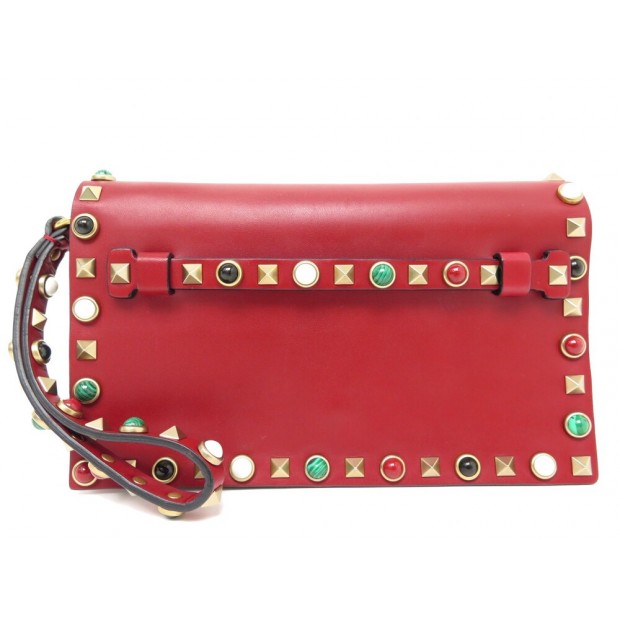 NEUF SAC A MAIN VALENTINO POCHETTE ROCKSTUD CUIR ROUGE RED POUCH HAND BAG 1300€