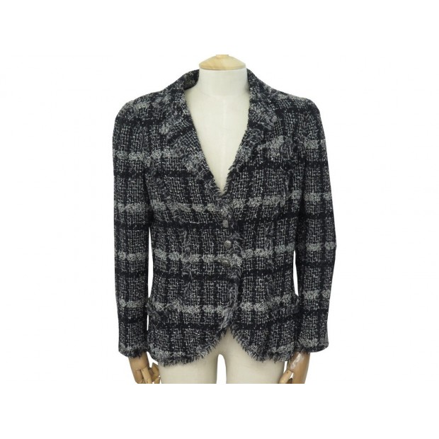 VESTE CHANEL GILET BOUTONS LOGO CC L 42 EN TWEED DE LAINE NOIR ET BLANC 6960€