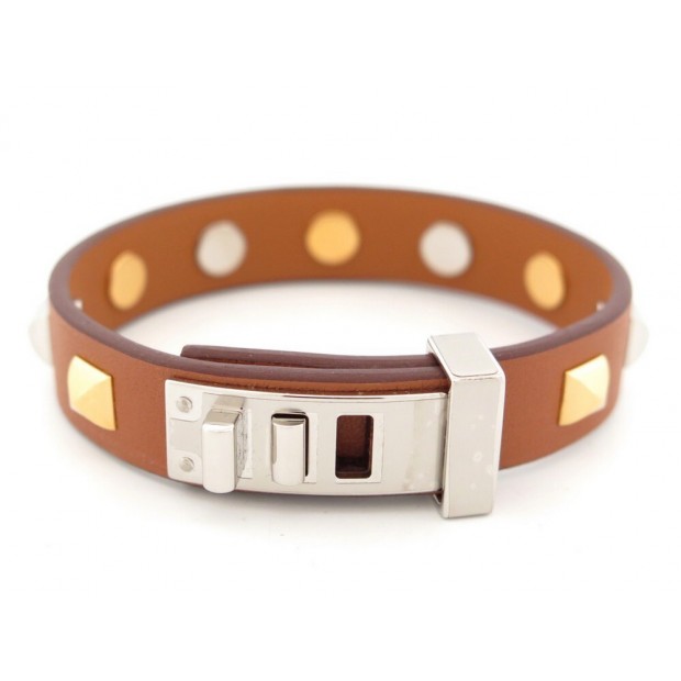 NEUF BRACELET HERMES MINI DOG CLOUS CARRE DORE ARGENTE CFS011 EN CUIR JEWEL 460€