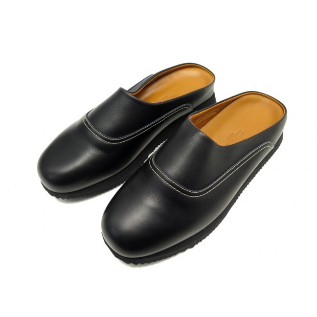 NEUF CHAUSSURES HERMES ALIZE 001025Z MULES 38.5 CUIR NOIR BOITE BLACK SHOES 600€