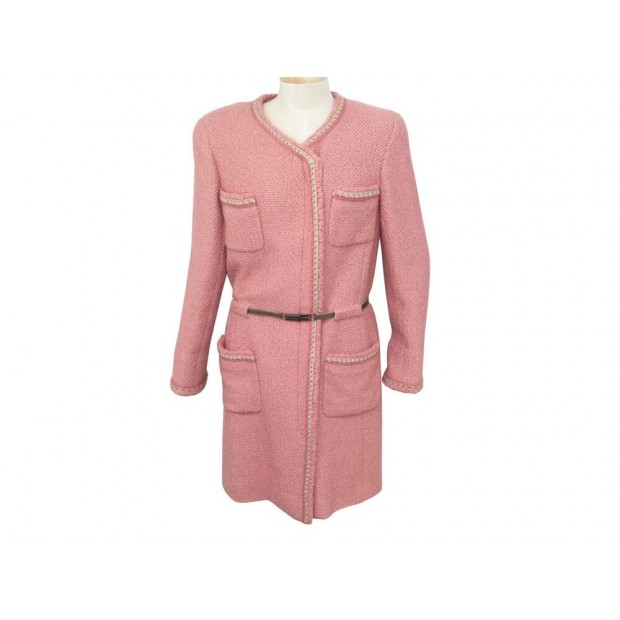 MANTEAU CHANEL P16510 CEINTURE L 42 TWEED DE LAINE & SOIE ROSE WOOL COAT 6290€