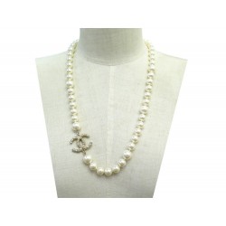 NEUF COLLIER CHANEL LOGO CC & PERLES SAUTOIR 65 72 CM METAL DORE NECKLACE 1290€