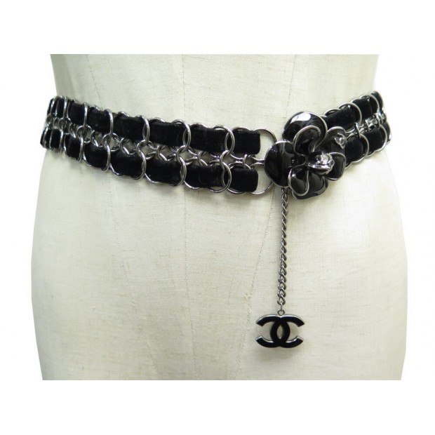 CEINTURE CHANEL CHAINE ENTRELACEE CAMELIA 80 CM LOGO CC VELOURS NOIR BELT 1290€