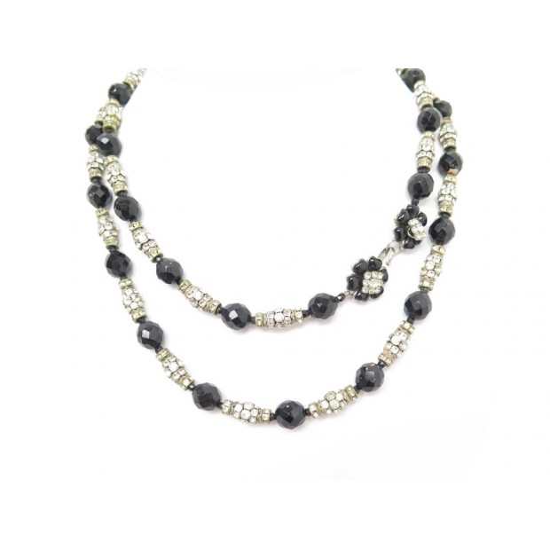 VINTAGE COLLIER SAUTOIR CHANEL CAMELIA PIERRES NOIRES ET STRASS 1970 NECKLACE