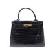 VINTAGE SAC A MAIN HERMES KELLY 29 SELLIER EN CUIR DE CROCODILE NOIR DORE PURSE