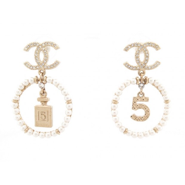 NEUF BOUCLES D'OREILLES CHANEL LOGO CC PERLE FLACON NUMERO 5 DORE EARRINGS 1010€