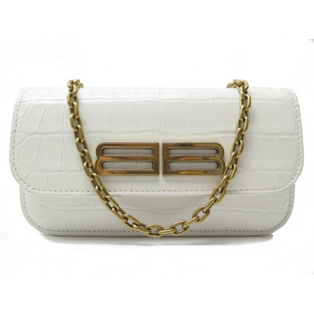 SAC A MAIN BALENCIAGA GOSSIP A CHAINE EN CUIR CROCO BLANC LEATHER HAND BAG 1100€