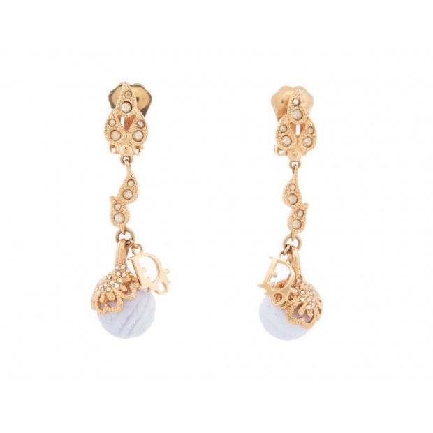 BOUCLES D'OREILLES DIOR PENDANTES EN METAL DORE ET PIERRES BLEUES EARRINGS 570€